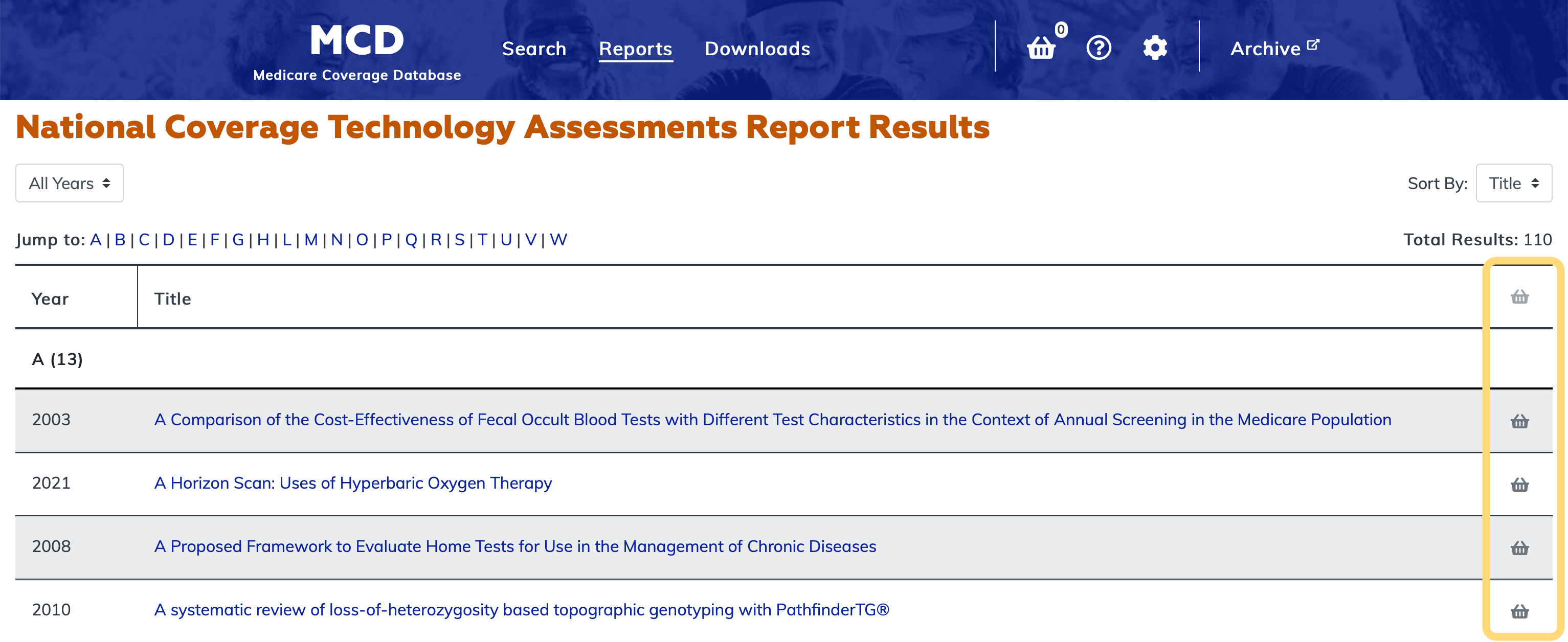 National Coverage Technology Assessments Report basket column highlighted