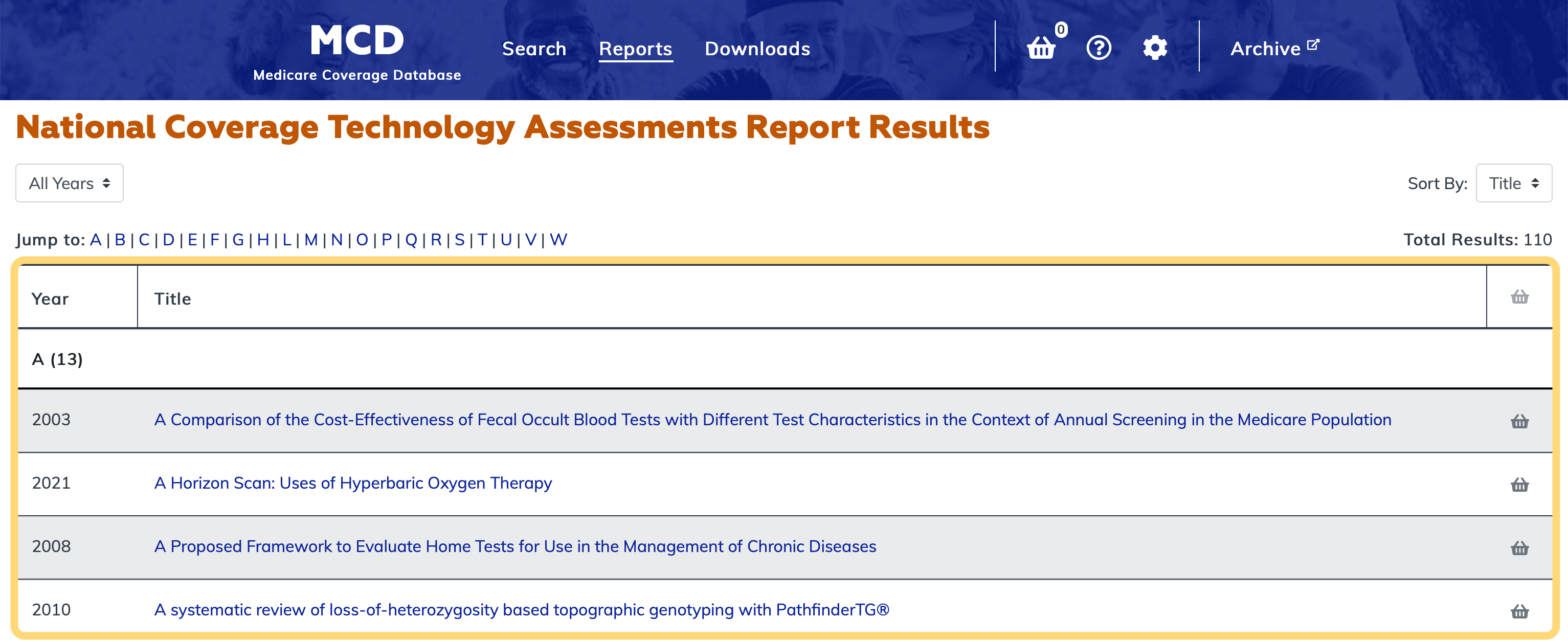 National Coverage Technology Assessments Report table highlighted