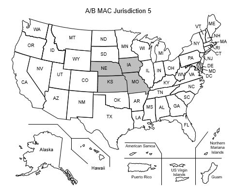 This image, the Jurisdiction 5 Part A/B Map, depicts a map of the United States with the J5 states Iowa, Kansas, Missouri, and Nebraska shaded gray. This image, the Jurisdiction 5 Part A/B Map, depicts a map of the United States with the J5 states Iowa, Kansas, Missouri, and Nebraska shaded gray.