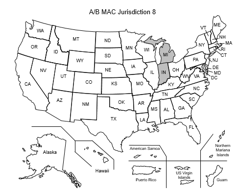 This image, the Jurisdiction 8 Part A/B Map, depicts a map of the United States with the J8 states of  Michigan and Indiana shaded gray.