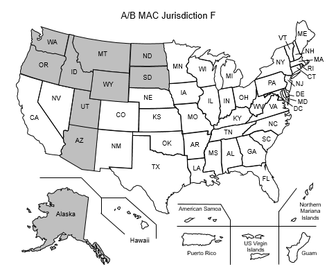 This image, the Jurisdiction F Part A/B Map, depicts a map of the United States with the JF states of Alaska, Arizona, Idaho, Montana, North Dakota, Oregon, South Dakota, Utah, Washington, and Wyoming shaded gray. This image, the Jurisdiction F Part A/B Map, depicts a map of the United States with the JF states of Alaska, Arizona, Idaho, Montana, North Dakota, Oregon, South Dakota, Utah, Washington, and Wyoming shaded gray.