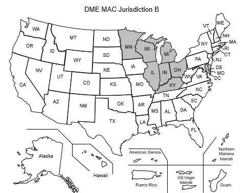 This image, the Jurisdiction B DME Map, depicts a map of the United States with the DME B states of Illinois, Indiana, Kentucky, Michigan, Minnesota, Ohio, and Wisconsin shaded gray. This image, the Jurisdiction B DME Map, depicts a map of the United States with the DME B states of Illinois, Indiana, Kentucky, Michigan, Minnesota, Ohio, and Wisconsin shaded gray.