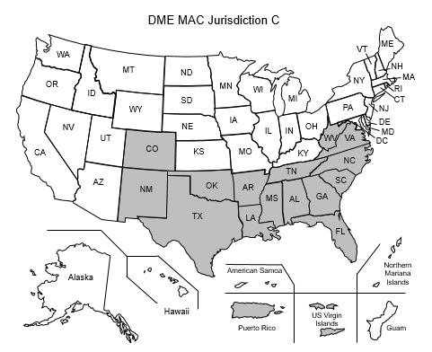 This image, the Jurisdiction C DME Map, depicts a map of the United States with the DME C states and territories of Alabama, Arkansas, Colorado, Florida, Georgia, Louisiana, Mississippi, New Mexico, North Carolina, Oklahoma, Puerto Rico, South Carolina, Tennessee, Texas, U.S. Virgin Islands, Virginia and West Virginia shaded gray. This image, the Jurisdiction C DME Map, depicts a map of the United States with the DME C states and territories of Alabama, Arkansas, Colorado, Florida, Georgia, Louisiana, Mississippi, New Mexico, North Carolina, Oklahoma, Puerto Rico, South Carolina, Tennessee, Texas, U.S. Virgin Islands, Virginia and West Virginia shaded gray.
