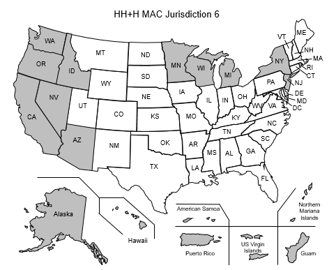 This image, the Jurisdiction 6 Home Health and Hospice Map, depicts a map of the United States with the J6 HH&H states and territories of Alaska, American Samoa, Arizona, California, Guam, Hawaii, Idaho, Michigan, Minnesota, Nevada, New Jersey, New York, Northern Mariana Islands, Oregon, Puerto Rico, US Virgin Islands, Wisconsin and Washington shaded gray.