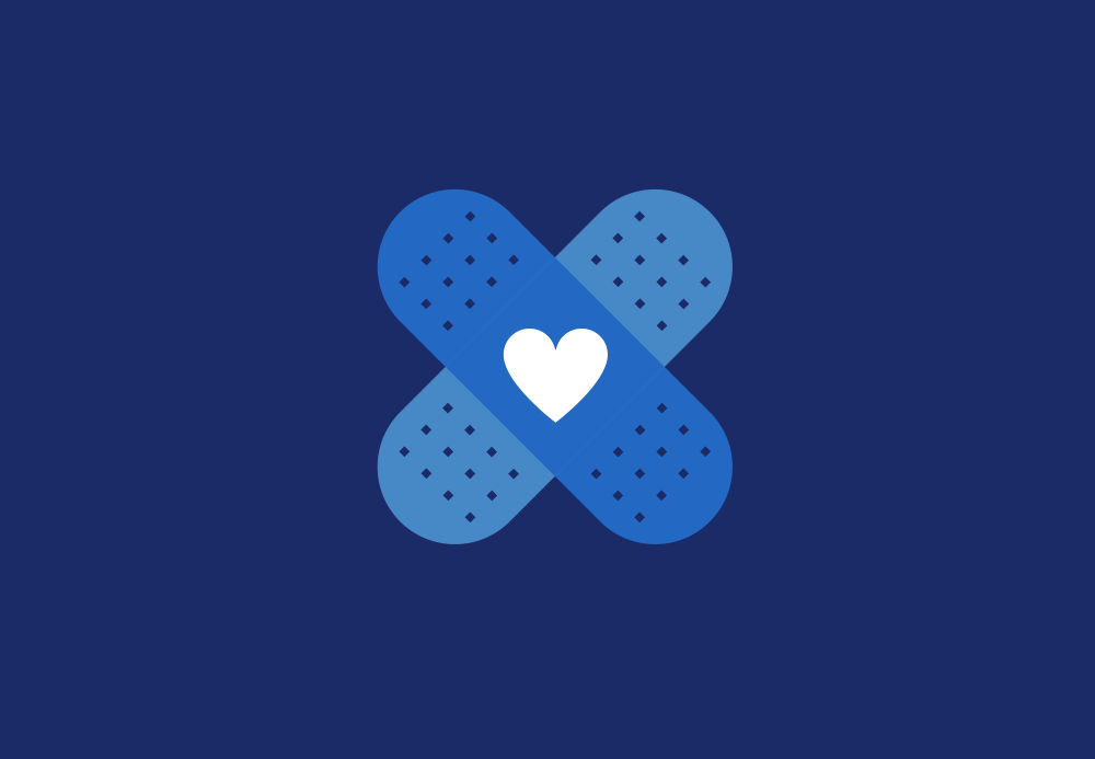 Two blue band aides crossed on a blue background, with a white heard in the middle