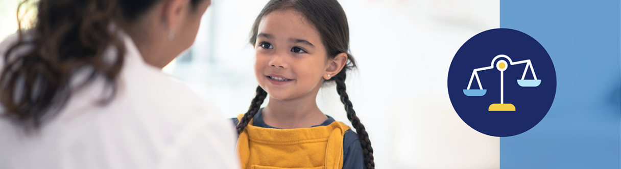 A woman and little girl talking with a graphic of scales to the right