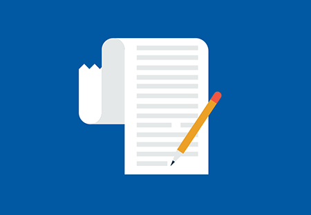 graphic of a pencil writing on a document scroll with a blue background