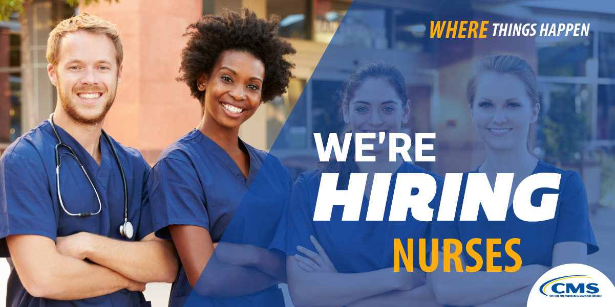 We're hiring nurses. Image of four nurses standing with arms crossed. Text reads We're Hiring Nurses.