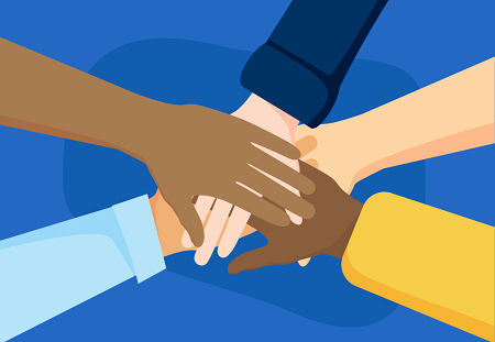 cartoon of multi-racial hands on top of each other