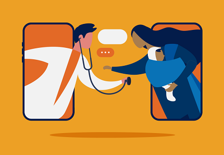 Illustration of a doctor coming out of a phone to assist a woman and her baby who are also emerging out of a separate phone.
