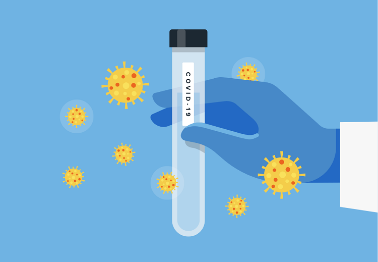 An illustration of a hand wearing a blue rubber glove holding a vial labeled covid-19