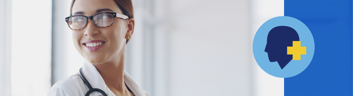 A female doctor wearing glasses smiles and looks to her right, next to a graphic of head with a plus symbol next to it