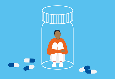 graphic of a seated person holding their knees stuck in a pill bottle