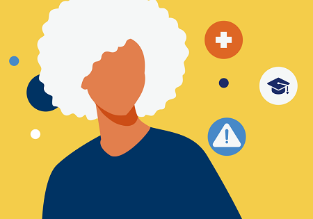 Graphic of a person with 3 graphics, one with a medical cross, another with a caution triangle, the other with a graduation cap