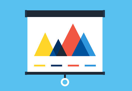 graphic of pull down projector screen with overlapping colorful triangles