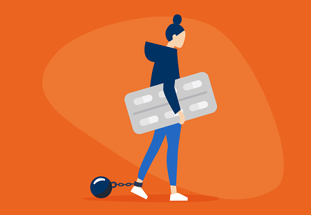 graphic of woman with pills and dragging a ball and chain