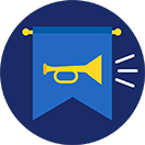 A bugle playing in front of a Banner