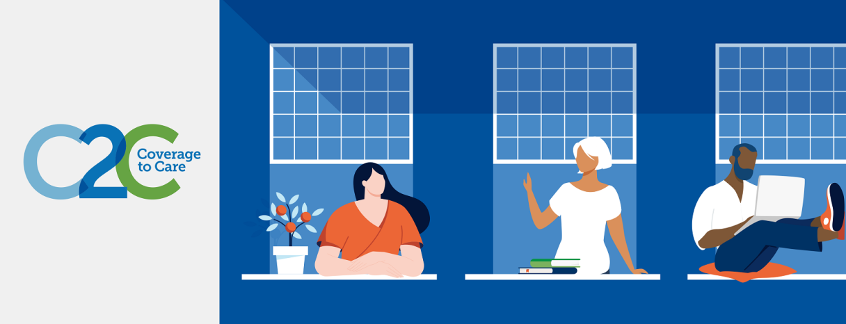 Coverage to care banner, graphic of three neighbors all leaning out of their respective windows waving at each other
