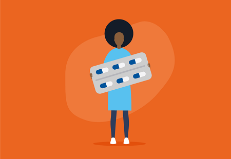 graphic of black woman holding an oversized tablet of pills