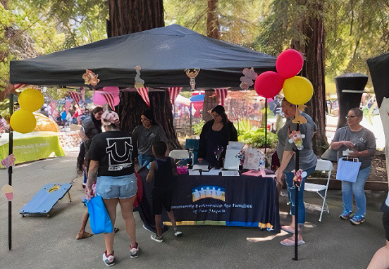 A tent at a street fair with attendants viewing what is offered at the booth