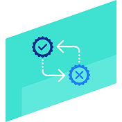 light blue icon of a checkmark and an X mark with arrows pointing at each other indicating a cycle