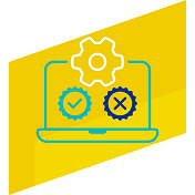 Graphic of an open laptop with a cog, check mark and X mark on the screen