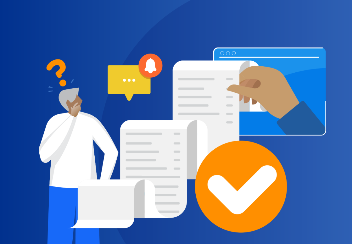 Enforcement Data A man with a question mark over his head and chats, documents and checkboxes surrounding him