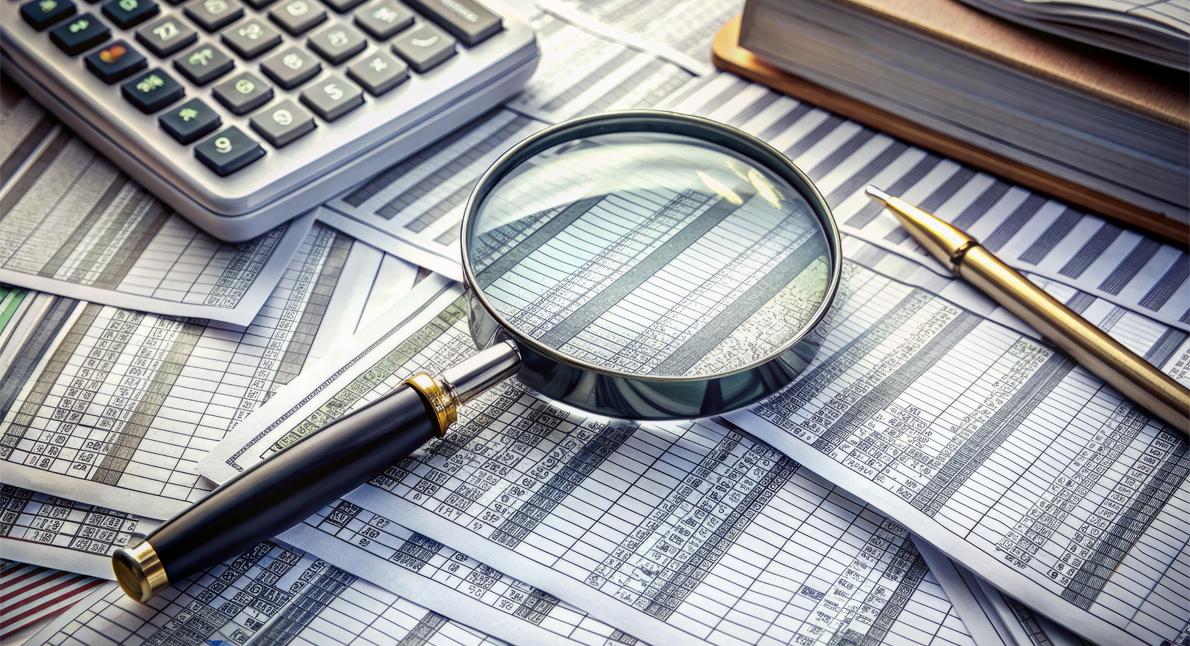 Image of a magnifying glass laying on top of papers with a pencil to the right of the magnifying glass, and a calculator to the left. 