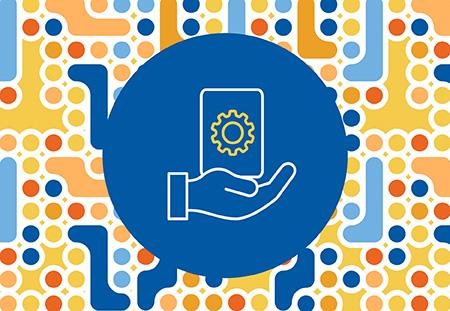 Designed image of a hand holding a device with a cog symbol on it