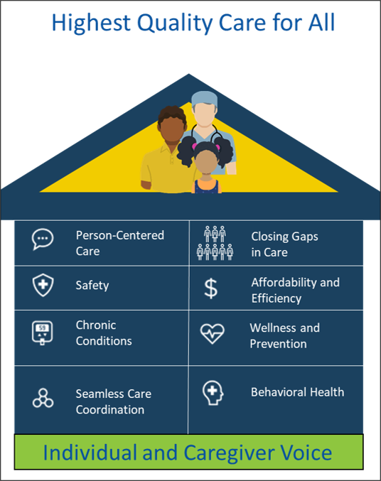 It lists 8 categories about "Highest Quality Care for All", plus "Individual and Caregiver Voice".