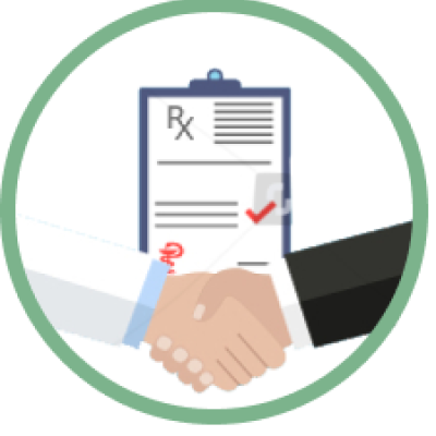 Illustration of hands shaking in front of clipboard with medical information