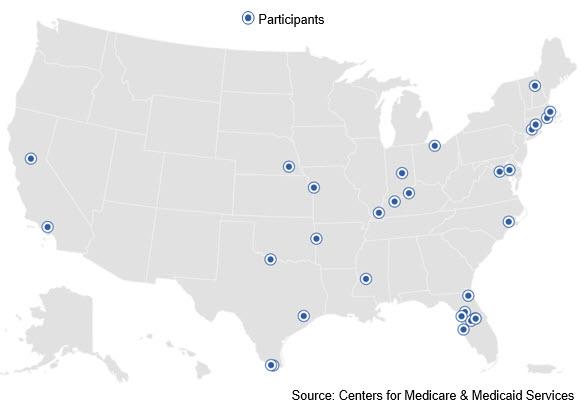 U.S. map with the Advance Payment ACO Model participants plotted. Location information is found below.
